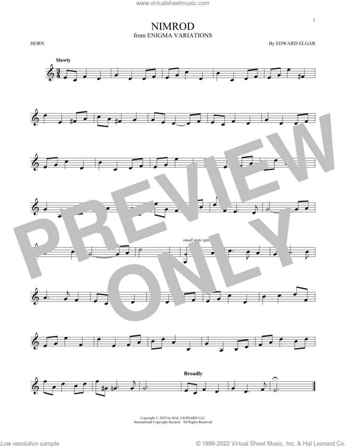 Nimrod sheet music for horn solo by Edward Elgar, classical score, intermediate skill level