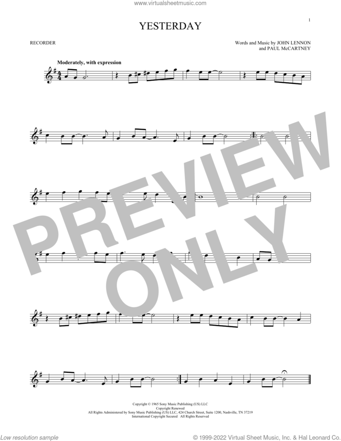 Yesterday sheet music for recorder solo by The Beatles, John Lennon and Paul McCartney, intermediate skill level