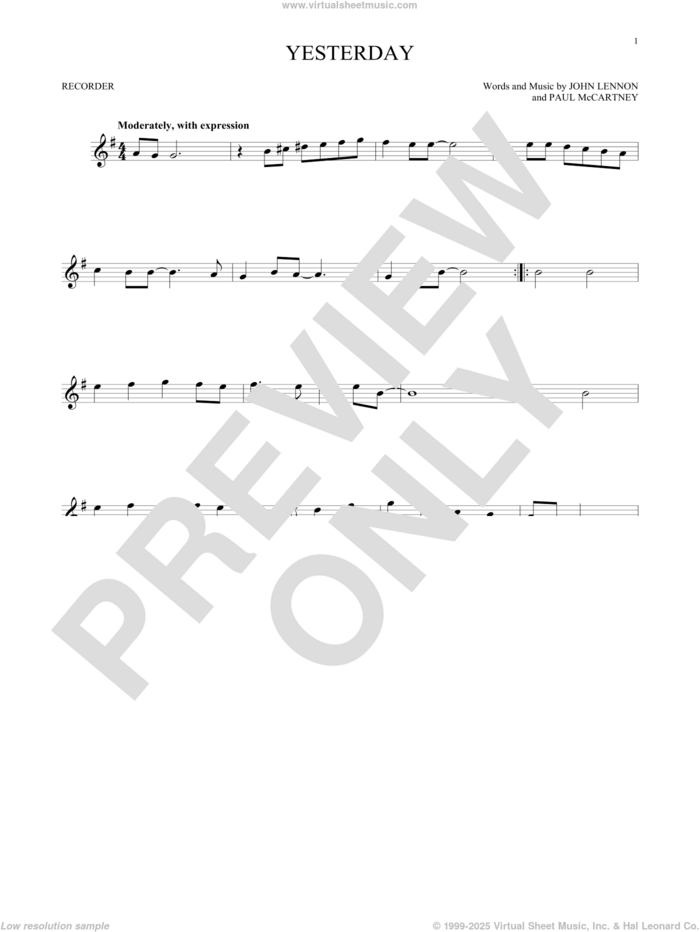 Yesterday sheet music for recorder solo by The Beatles, John Lennon and Paul McCartney, intermediate skill level