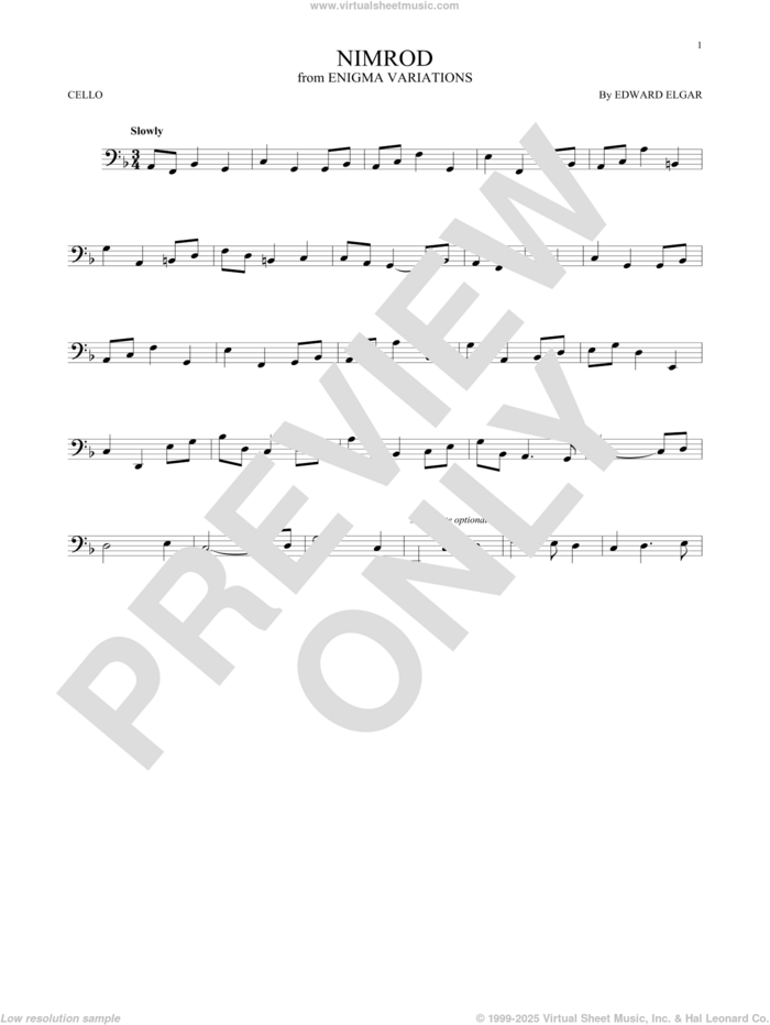 Nimrod sheet music for cello solo by Edward Elgar, classical score, intermediate skill level