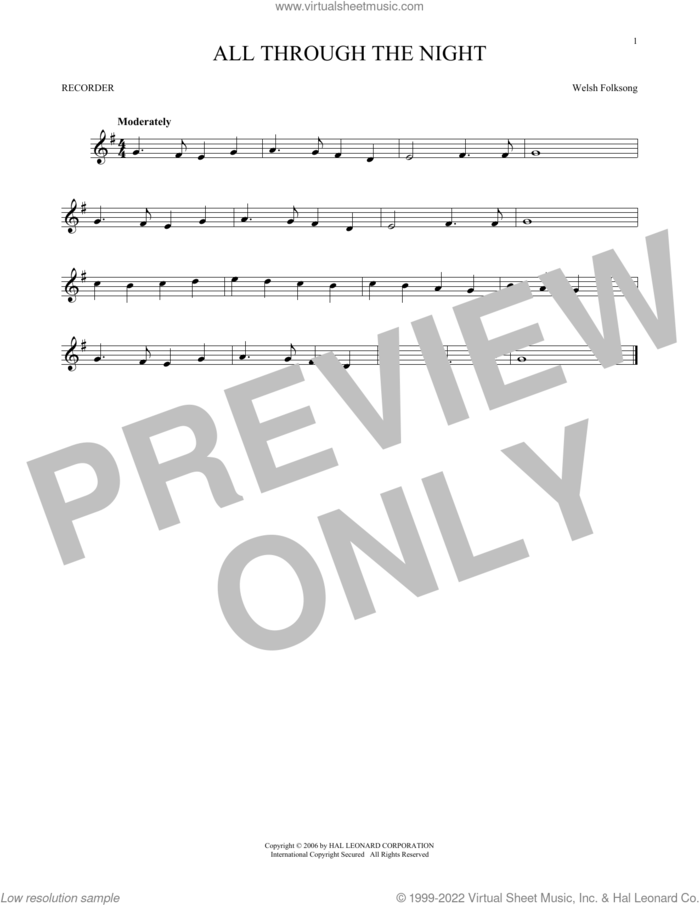 All Through The Night sheet music for recorder solo, intermediate skill level