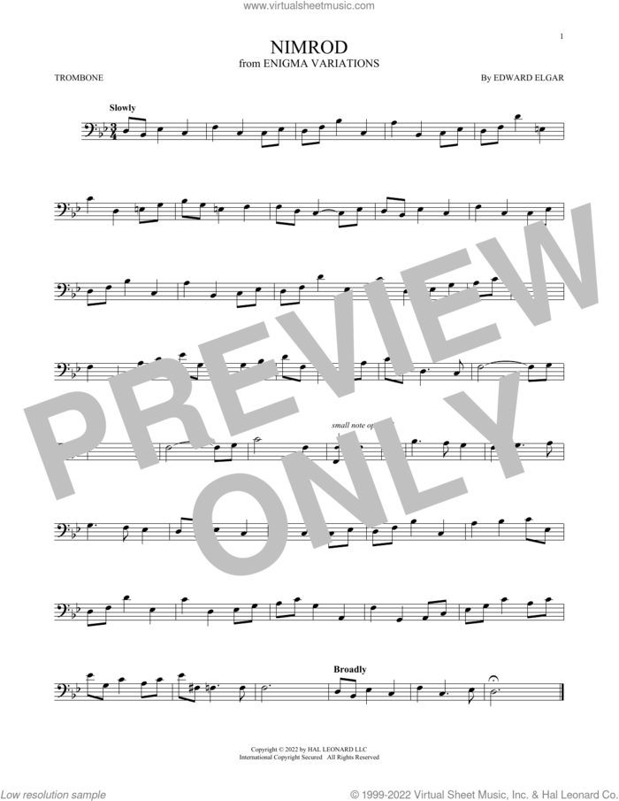 Nimrod sheet music for trombone solo by Edward Elgar, classical score, intermediate skill level