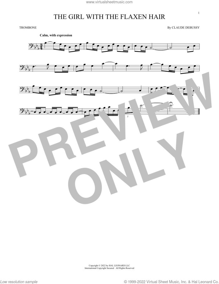 La Fille Aux Cheveux De Lin (The Girl With The Flaxen Hair) sheet music for trombone solo by Claude Debussy, classical score, intermediate skill level