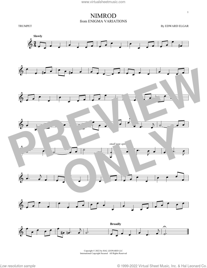 Nimrod sheet music for trumpet solo by Edward Elgar, classical score, intermediate skill level