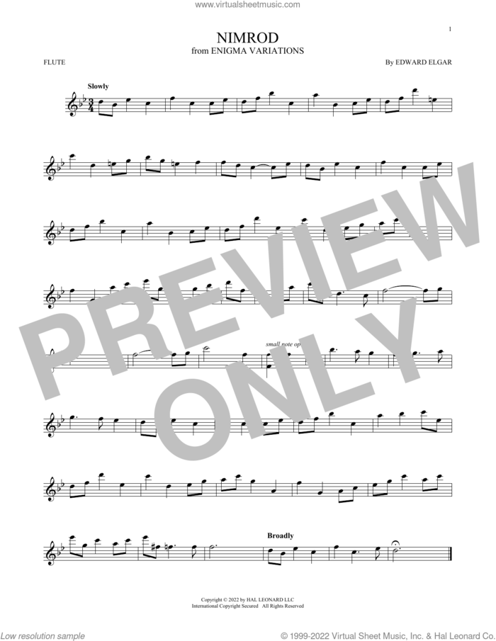 Nimrod sheet music for flute solo by Edward Elgar, classical score, intermediate skill level