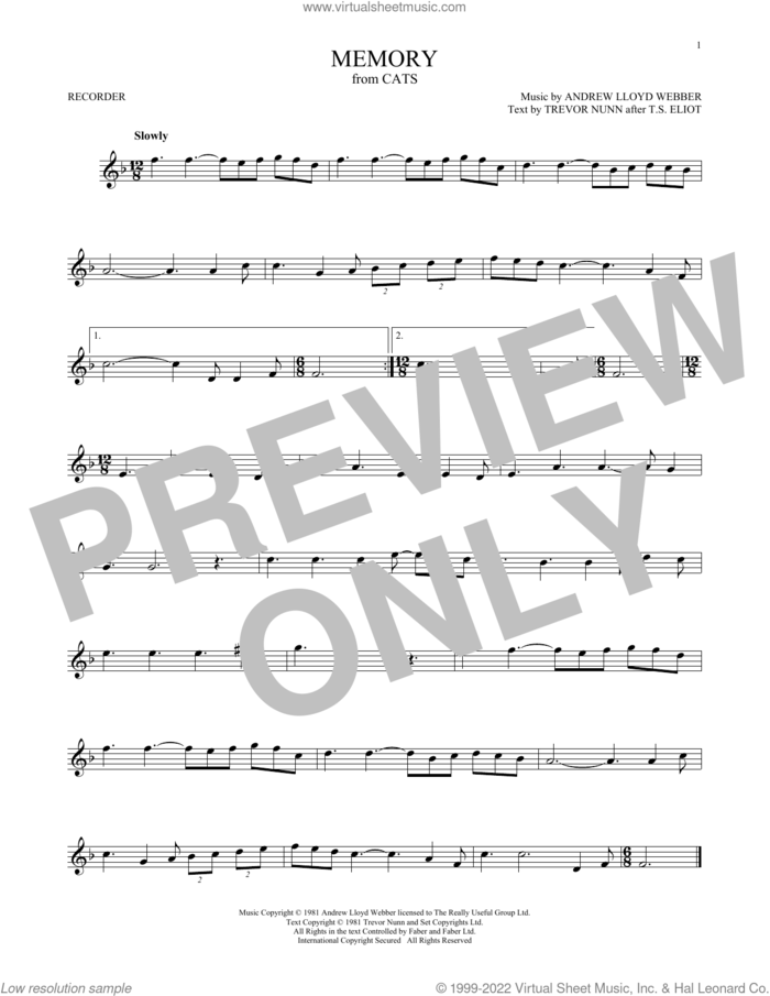 Memory (from Cats) sheet music for recorder solo by Andrew Lloyd Webber and Trevor Nunn, intermediate skill level