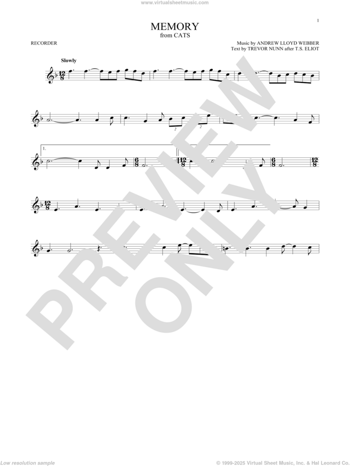 Memory (from Cats) sheet music for recorder solo by Andrew Lloyd Webber and Trevor Nunn, intermediate skill level