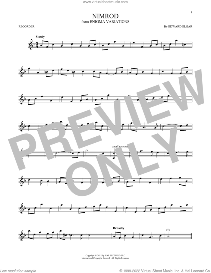 Nimrod sheet music for recorder solo by Edward Elgar, classical score, intermediate skill level