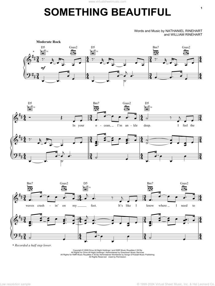 Something Beautiful sheet music for voice, piano or guitar by NEEDTOBREATHE, Nathaniel Rinehart and William Rinehart, intermediate skill level