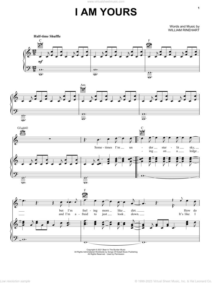 I Am Yours sheet music for voice, piano or guitar by NEEDTOBREATHE and William Rinehart, intermediate skill level