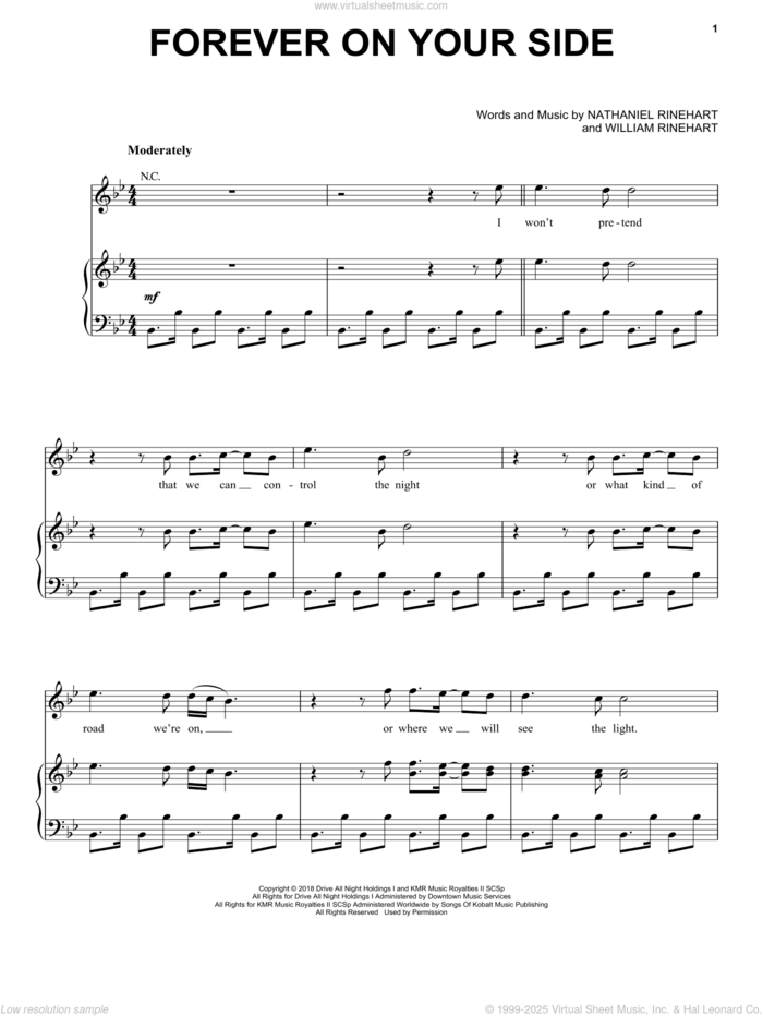 Forever On Your Side sheet music for voice, piano or guitar by NEEDTOBREATHE, Nathaniel Rinehart and William Rinehart, intermediate skill level