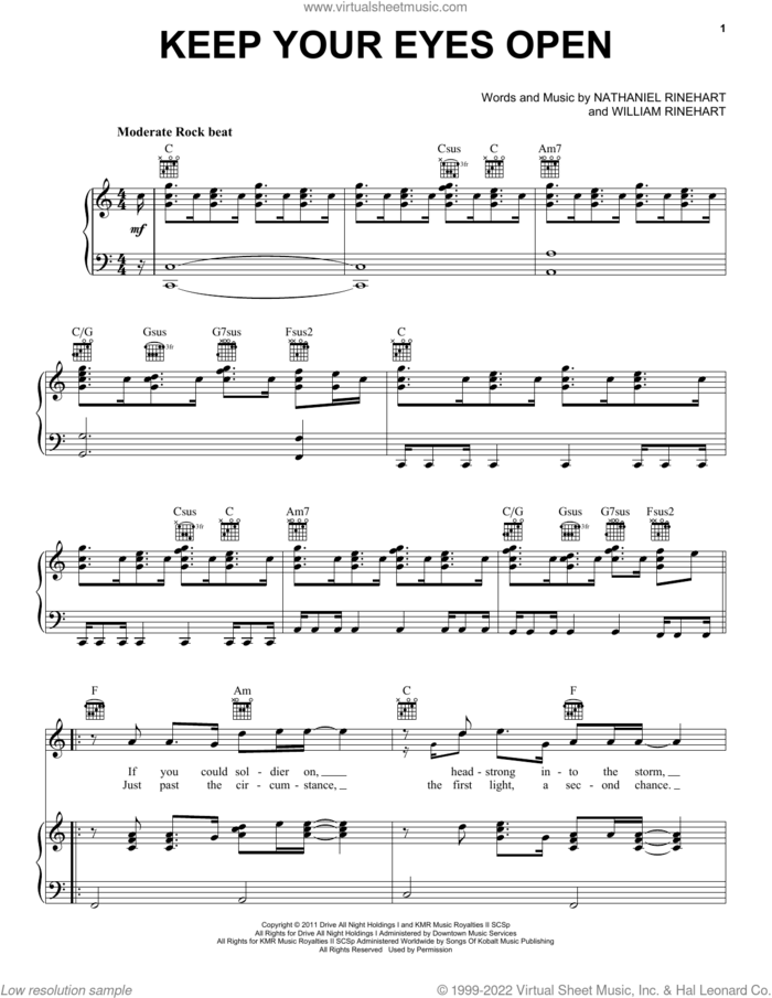 Keep Your Eyes Open sheet music for voice, piano or guitar by NEEDTOBREATHE, Nathaniel Rinehart and William Rinehart, intermediate skill level