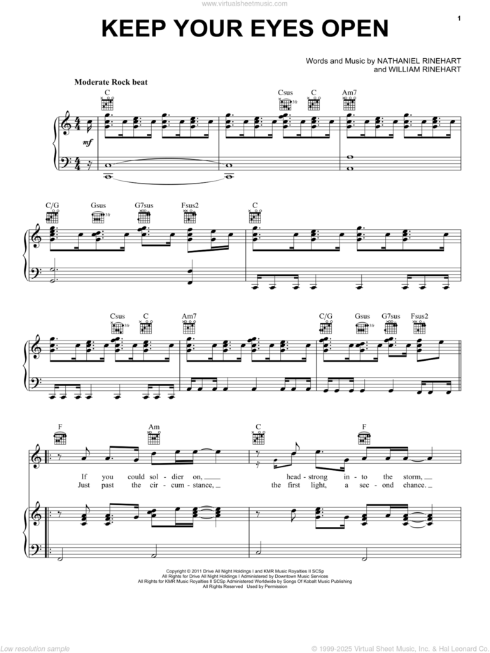 Keep Your Eyes Open sheet music for voice, piano or guitar by NEEDTOBREATHE, Nathaniel Rinehart and William Rinehart, intermediate skill level