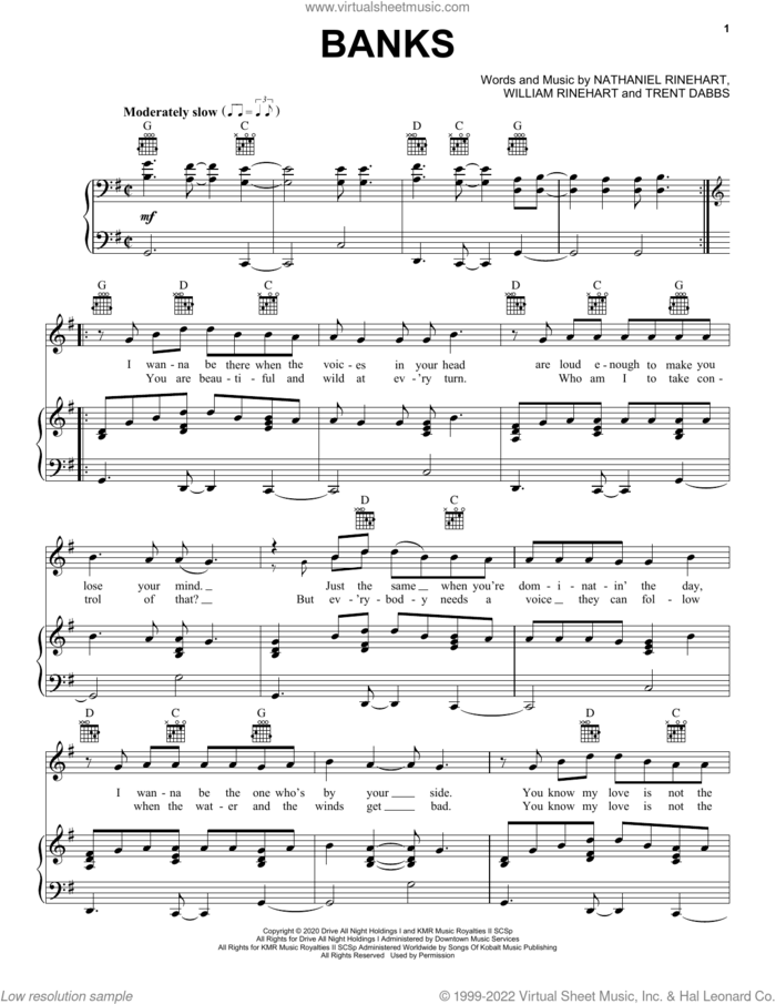 Banks sheet music for voice, piano or guitar by NEEDTOBREATHE, Nathaniel Rinehart, Trent Dabbs and William Rinehart, intermediate skill level