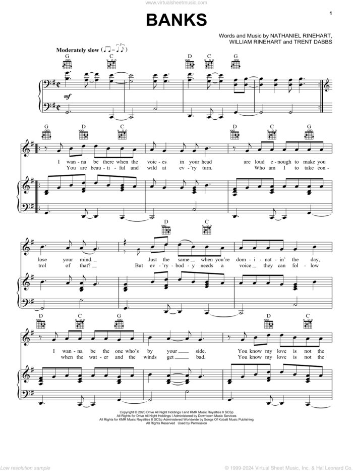 Banks sheet music for voice, piano or guitar by NEEDTOBREATHE, Nathaniel Rinehart, Trent Dabbs and William Rinehart, intermediate skill level
