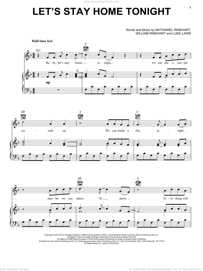 Let's Stay Home Tonight sheet music for voice, piano or guitar by NEEDTOBREATHE, Luke Laird, Nathaniel Rinehart and William Rinehart, intermediate skill level