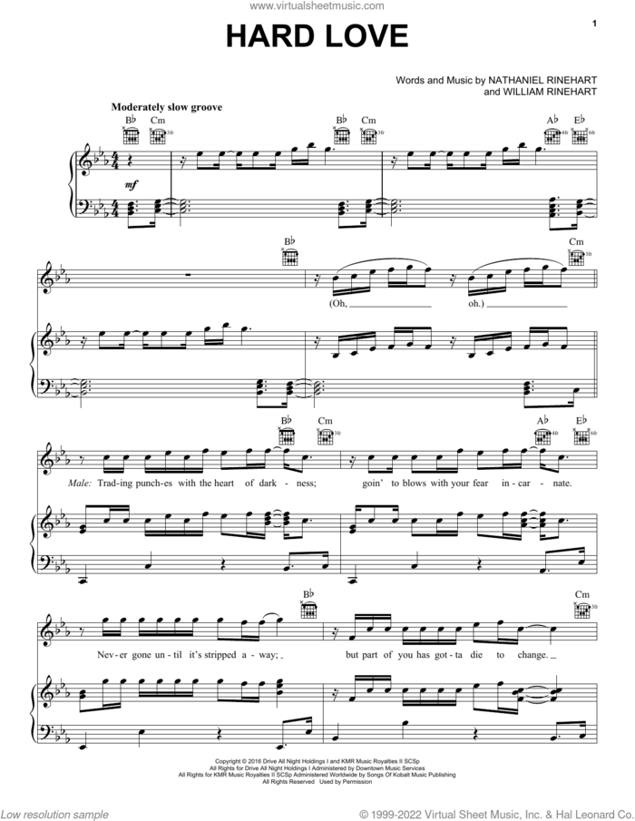 Hard Love sheet music for voice, piano or guitar by NEEDTOBREATHE, Nathaniel Rinehart and William Rinehart, intermediate skill level