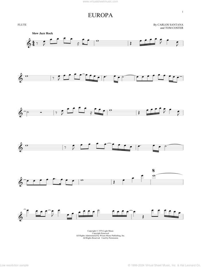 Europa sheet music for flute solo by Carlos Santana and Tom Coster, intermediate skill level