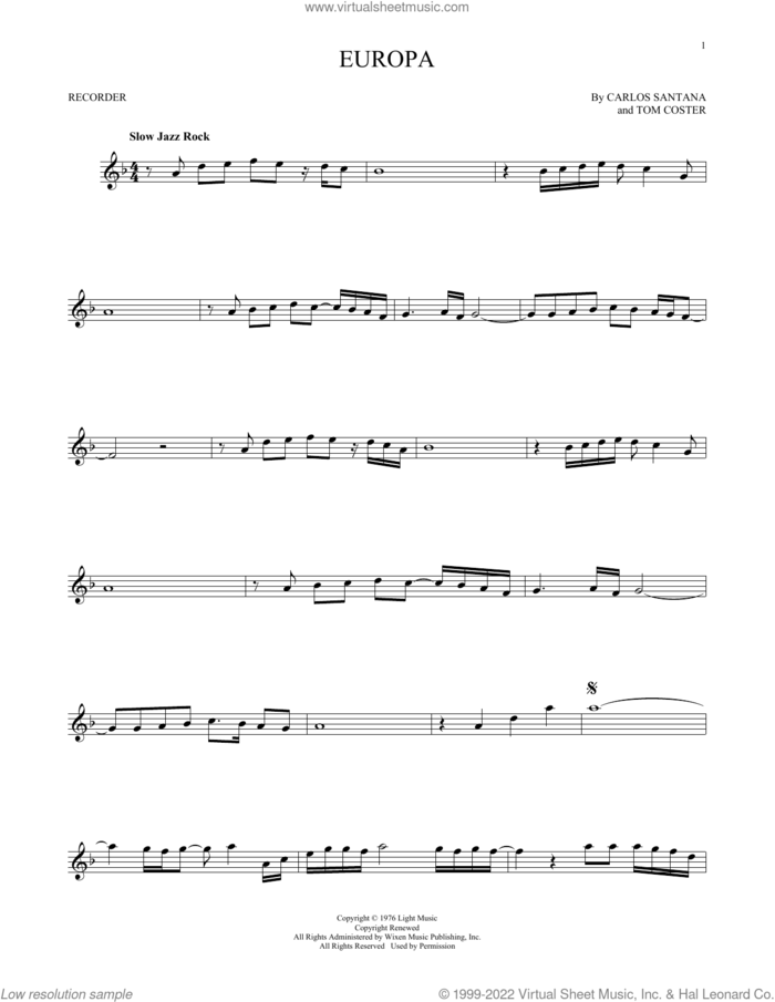 Europa sheet music for recorder solo by Carlos Santana and Tom Coster, intermediate skill level