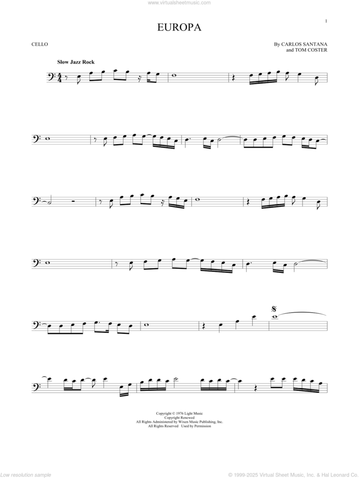 Europa sheet music for cello solo by Carlos Santana and Tom Coster, intermediate skill level