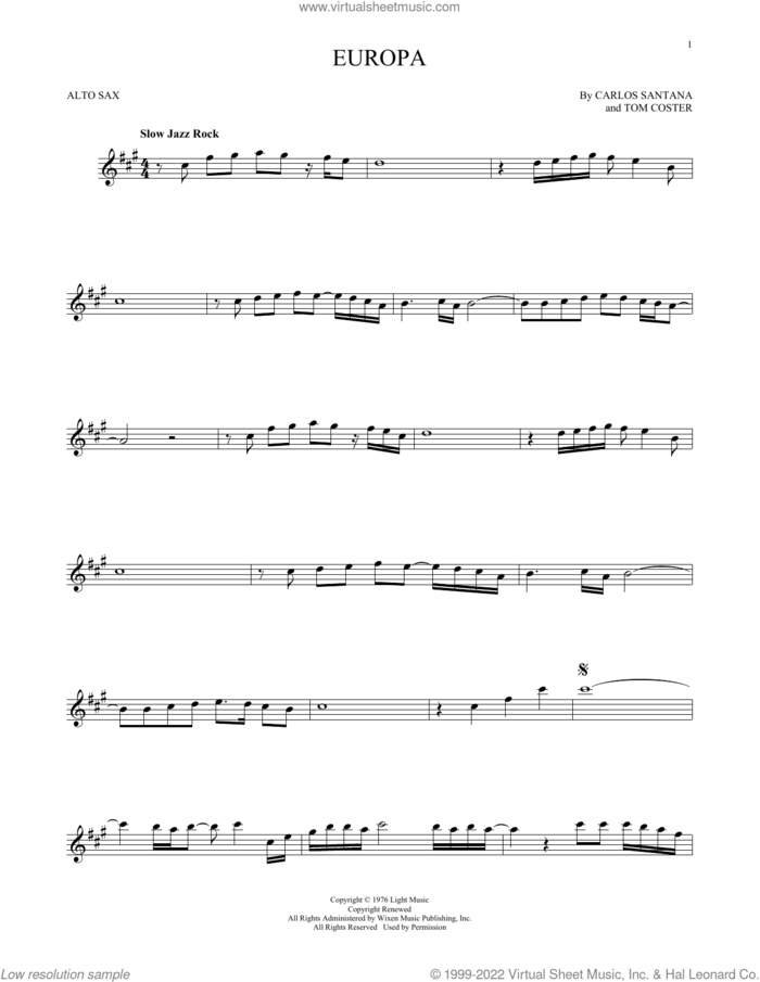 Europa sheet music for alto saxophone solo by Carlos Santana and Tom Coster, intermediate skill level