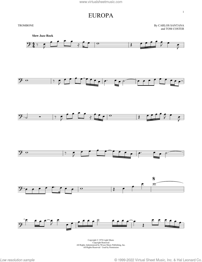 Europa sheet music for trombone solo by Carlos Santana and Tom Coster, intermediate skill level