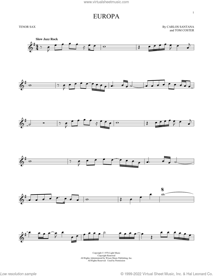 Europa sheet music for tenor saxophone solo by Carlos Santana and Tom Coster, intermediate skill level
