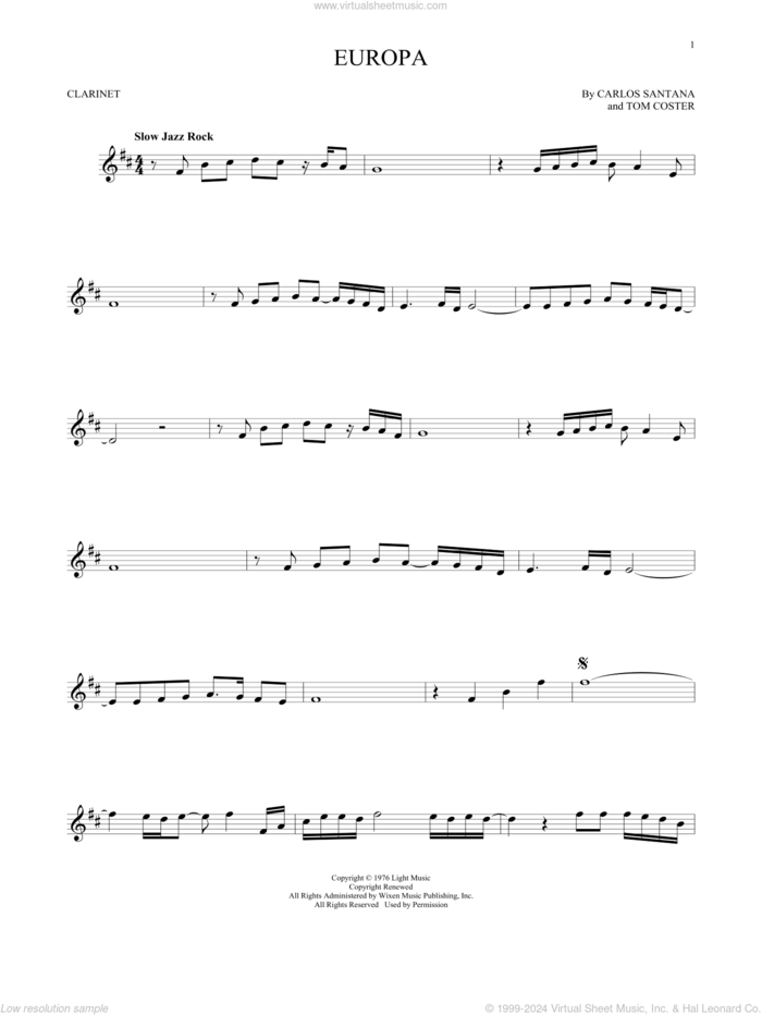 Europa sheet music for clarinet solo by Carlos Santana and Tom Coster, intermediate skill level