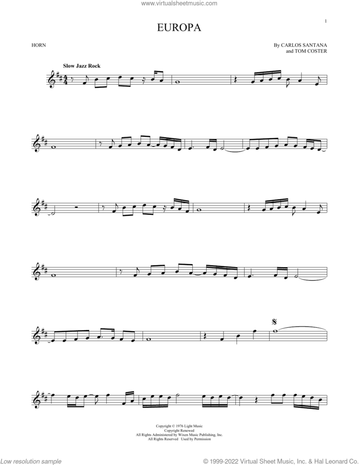 Europa sheet music for horn solo by Carlos Santana and Tom Coster, intermediate skill level