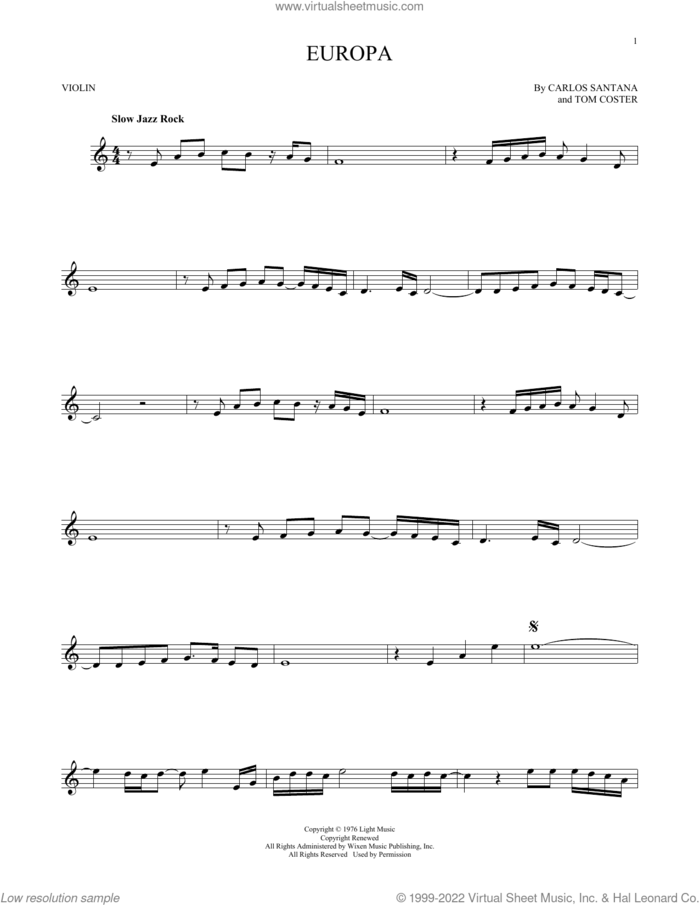 Europa sheet music for violin solo by Carlos Santana and Tom Coster, intermediate skill level