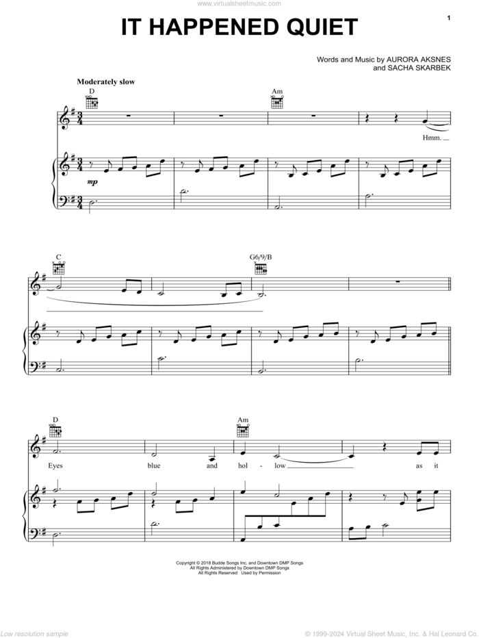 It Happened Quiet sheet music for voice, piano or guitar by Aurora, Aurora Aksnes and Sacha Skarbek, intermediate skill level