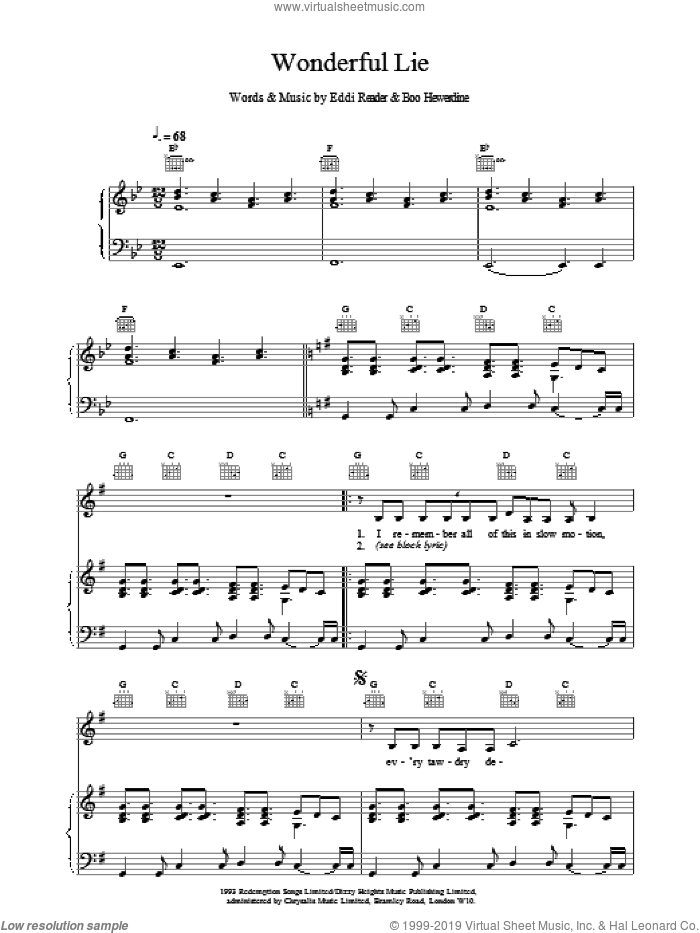 Wonderful Lie sheet music for voice, piano or guitar by Eddi Reader, intermediate skill level