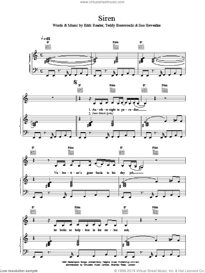 Siren sheet music for voice, piano or guitar by Eddi Reader, intermediate skill level