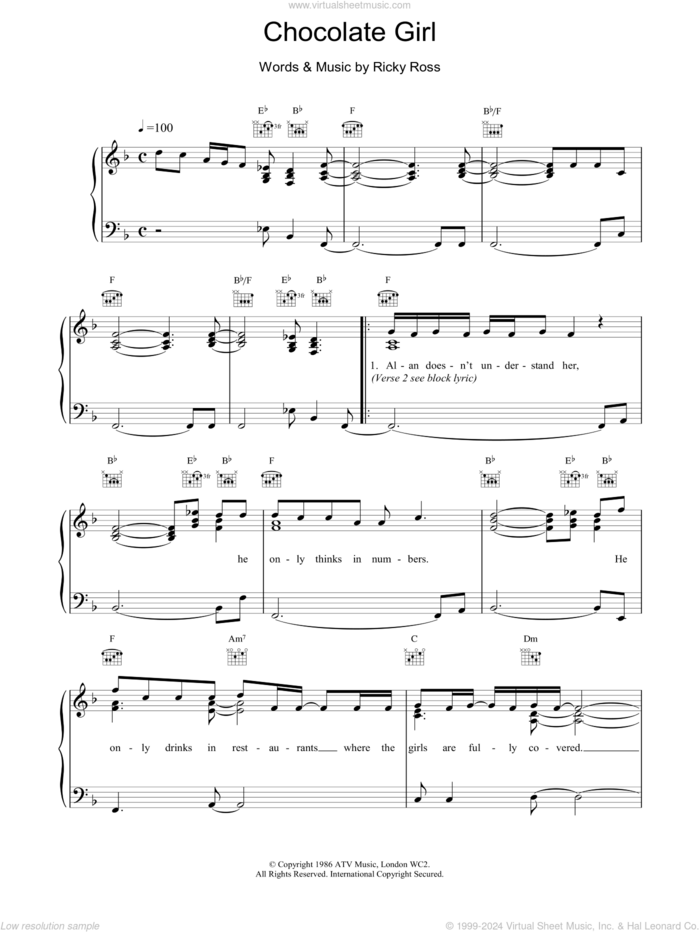 Chocolate Girl sheet music for voice, piano or guitar by Deacon Blue, intermediate skill level