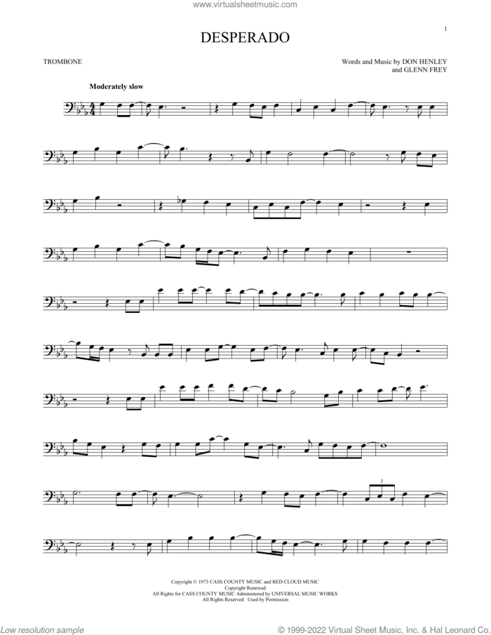 Desperado sheet music for trombone solo by Don Henley, The Eagles and Glenn Frey, intermediate skill level