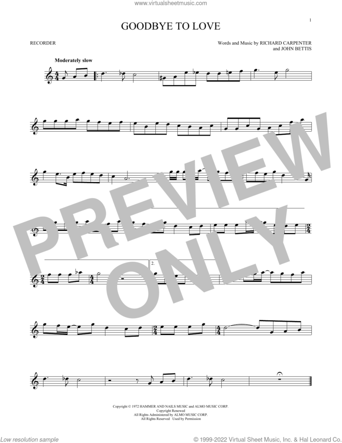 Goodbye To Love sheet music for recorder solo by Carpenters, John Bettis and Richard Carpenter, intermediate skill level