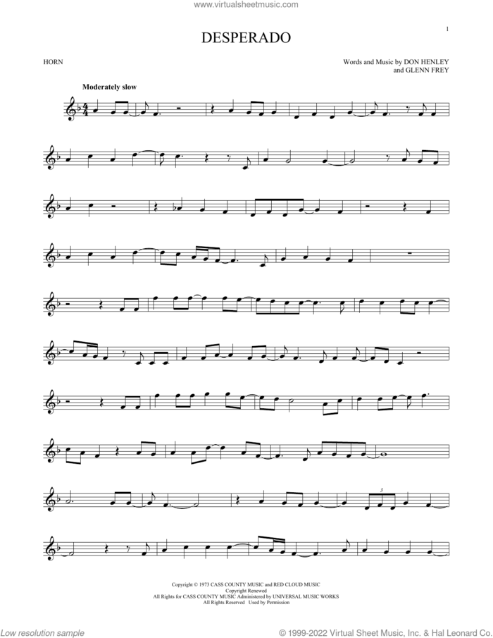 Desperado sheet music for horn solo by Don Henley, The Eagles and Glenn Frey, intermediate skill level