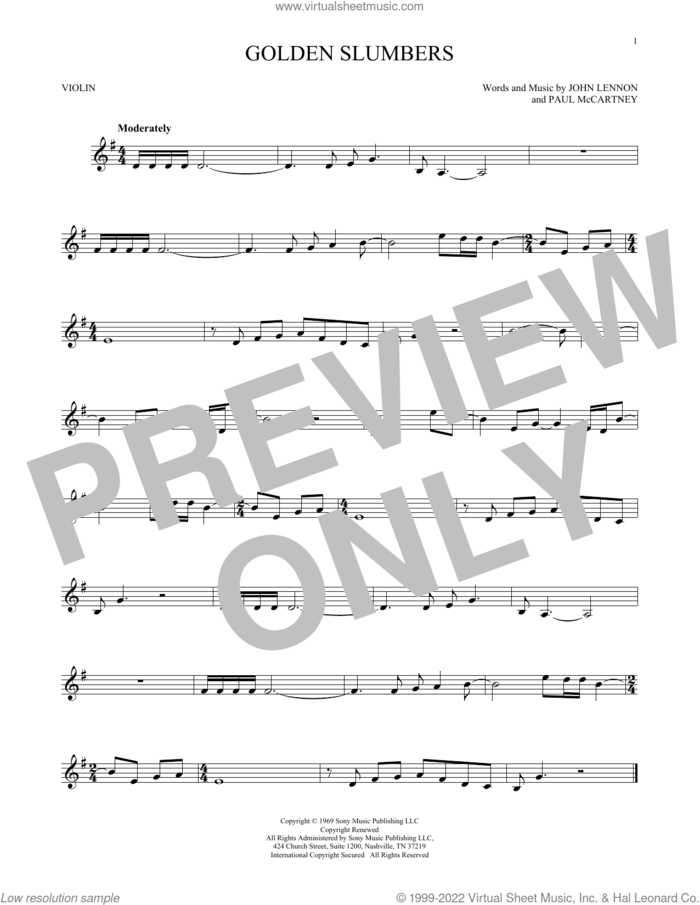 Golden Slumbers sheet music for violin solo by The Beatles, John Lennon and Paul McCartney, intermediate skill level