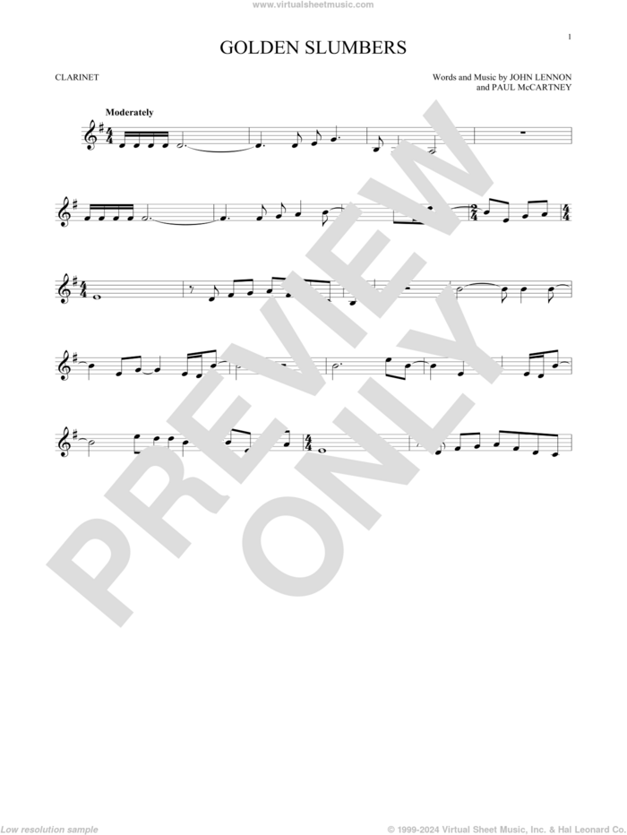 Golden Slumbers sheet music for clarinet solo by The Beatles, John Lennon and Paul McCartney, intermediate skill level