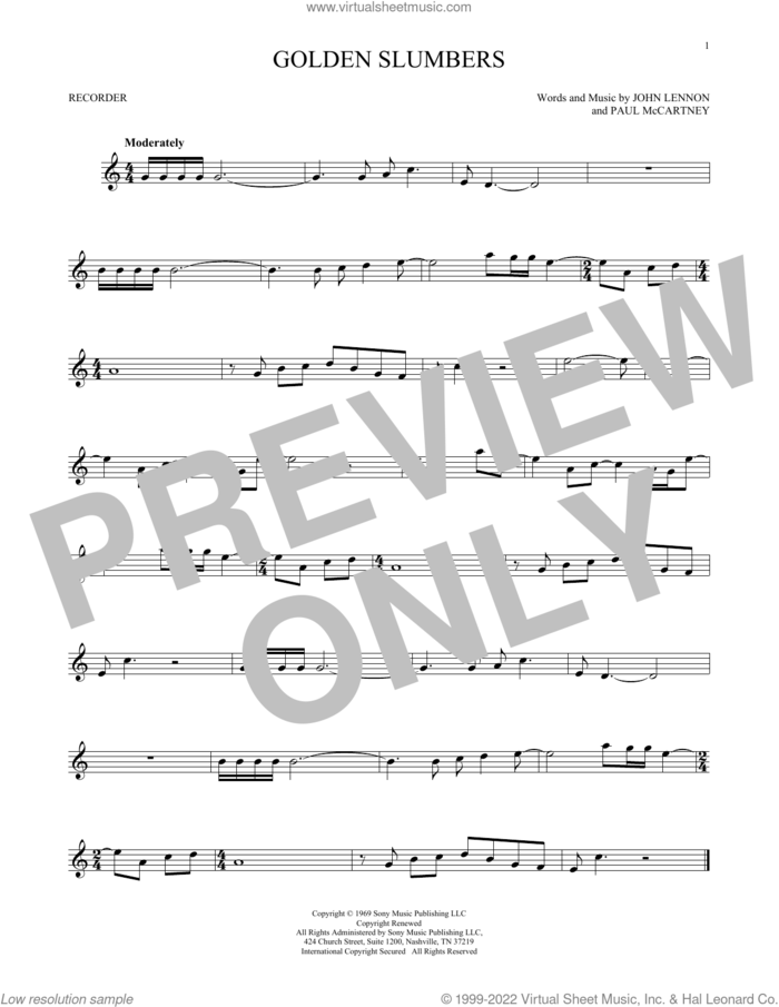 Golden Slumbers sheet music for recorder solo by The Beatles, John Lennon and Paul McCartney, intermediate skill level