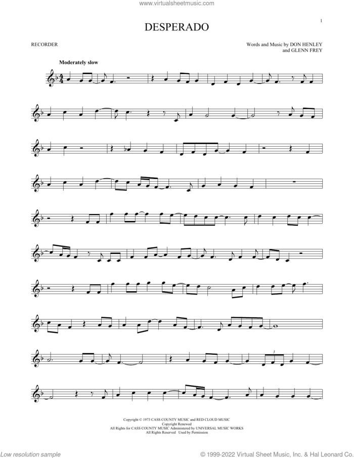 Desperado sheet music for recorder solo by Don Henley, The Eagles and Glenn Frey, intermediate skill level