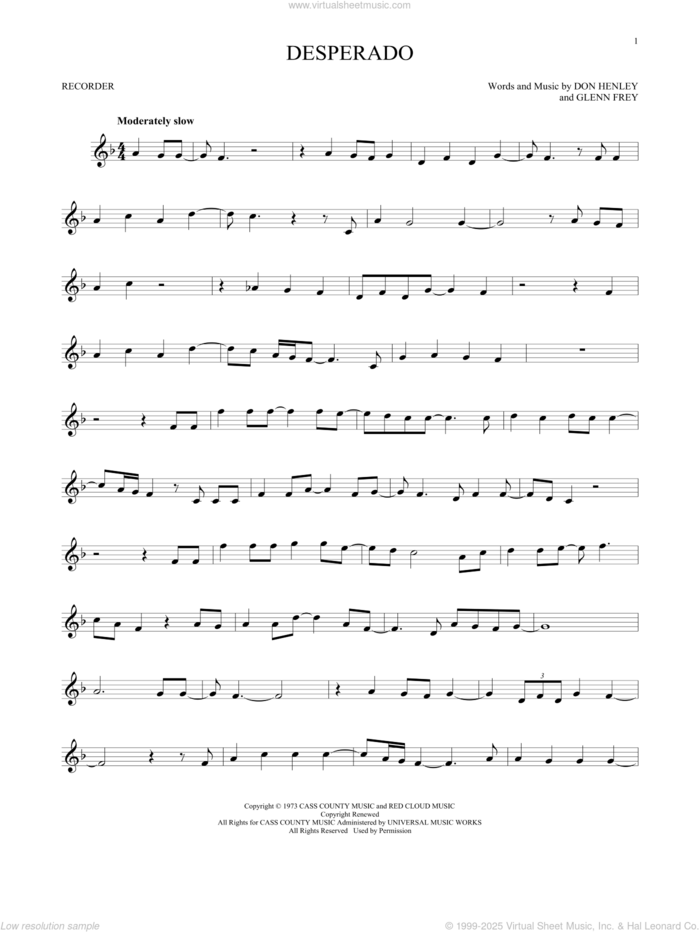 Desperado sheet music for recorder solo by Don Henley, The Eagles and Glenn Frey, intermediate skill level