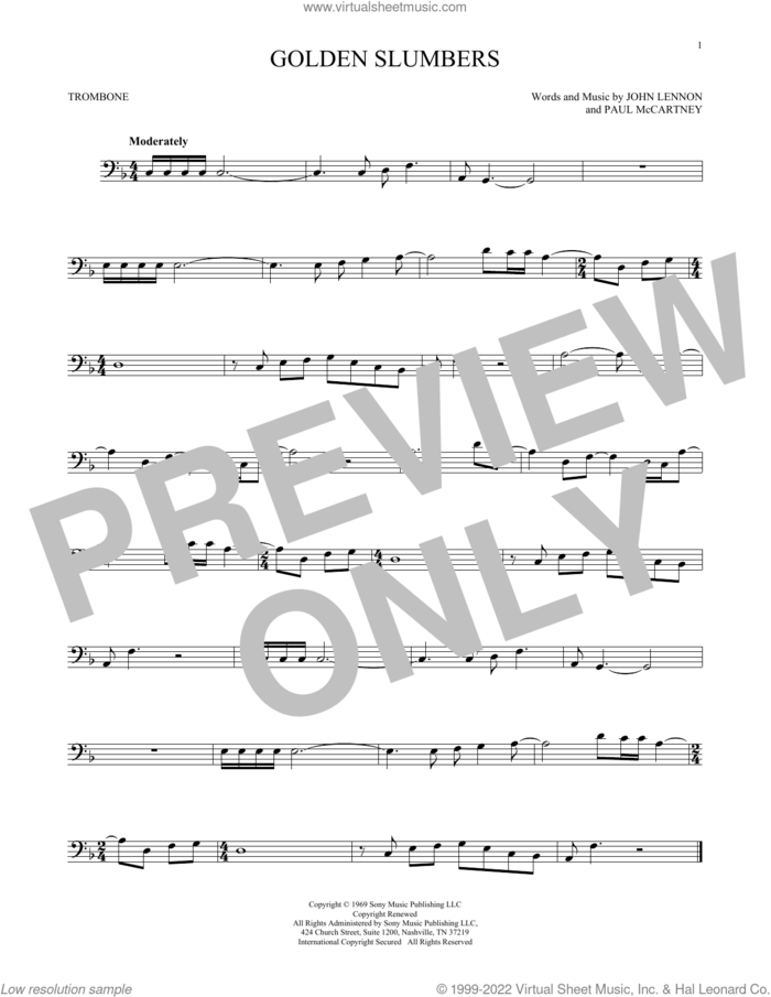 Golden Slumbers sheet music for trombone solo by The Beatles, John Lennon and Paul McCartney, intermediate skill level