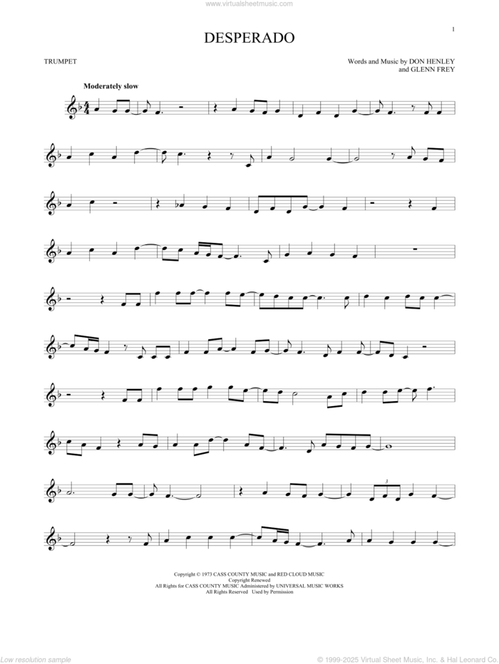 Desperado sheet music for trumpet solo by Don Henley, The Eagles and Glenn Frey, intermediate skill level