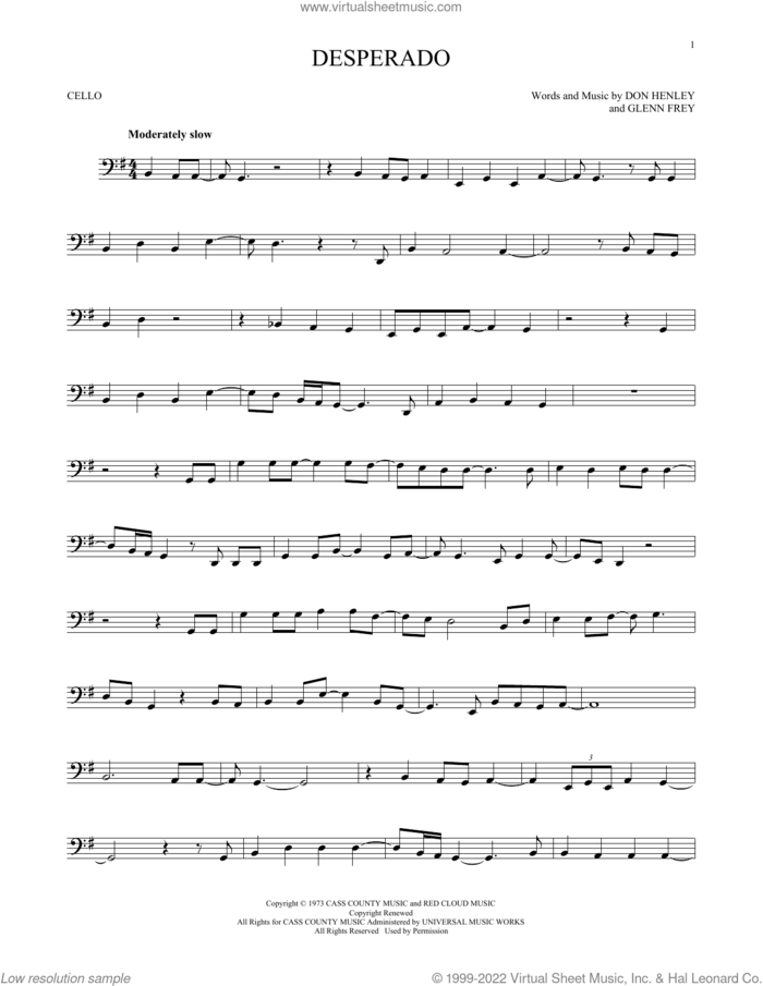 Desperado sheet music for cello solo by Don Henley, The Eagles and Glenn Frey, intermediate skill level