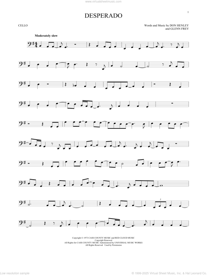 Desperado sheet music for cello solo by Don Henley, The Eagles and Glenn Frey, intermediate skill level