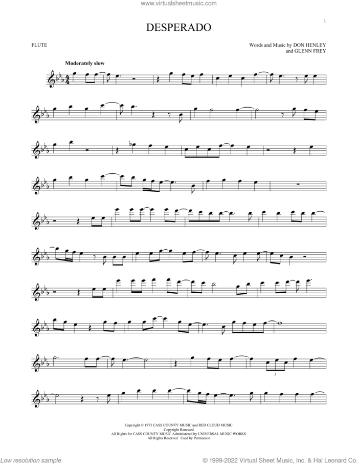 Desperado sheet music for flute solo by Don Henley, The Eagles and Glenn Frey, intermediate skill level