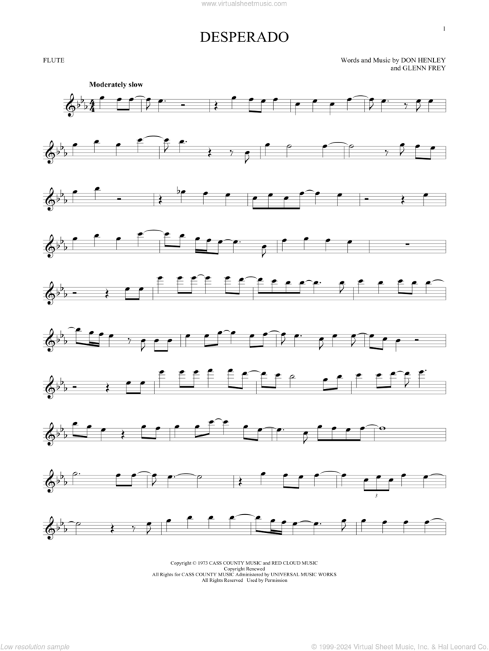 Desperado sheet music for flute solo by Glenn Frey, The Eagles and Don Henley, intermediate skill level