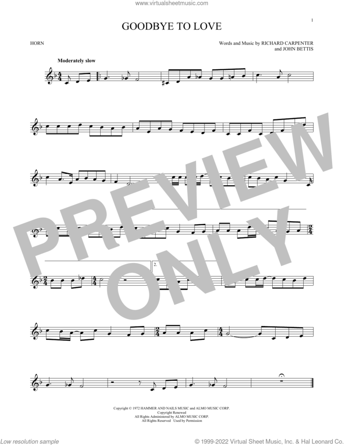 Goodbye To Love sheet music for horn solo by Carpenters, John Bettis and Richard Carpenter, intermediate skill level