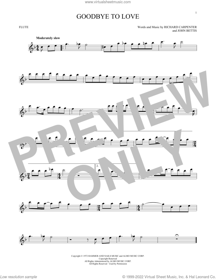 Goodbye To Love sheet music for flute solo by Carpenters, John Bettis and Richard Carpenter, intermediate skill level